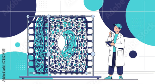Scientist examining innovative scaffold structure with cellular architecture design process