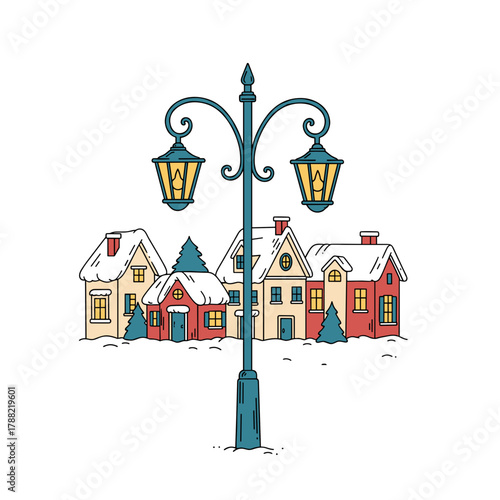 Vintage street lamp illuminating snow-covered houses in winter scene  