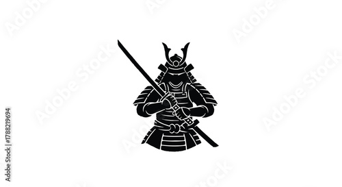 Traditional Japanese warrior silhouette holding a katana, presented as a clean 2D flat vector illustration isolated on a pure white background.