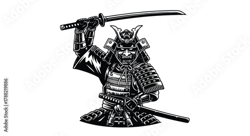 A striking black silhouette logo of a powerful samurai warrior in traditional armor and holding a katana sword, rendered in a clean, flat 2D vector illustration on a pure white background.
