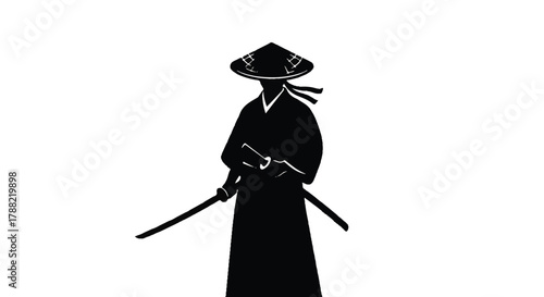 Striking black ronin samurai silhouette logo, a minimalist 2D flat vector illustration on a clean white background, depicting an iconic Japanese warrior figure with historical significance.
