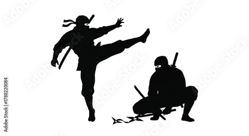 Flat black ninja assassin silhouette vector illustration, isolated on a clean white background, perfectly captures the essence of stealth, martial arts, and ancient Japanese warriors.