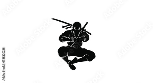 Black ninja warrior jumping silhouette vector illustration, dynamically posed, creating an isolated martial arts logo icon on a clean white background for powerful branding.