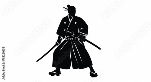 Striking flat 2D vector illustration depicting a dramatic silhouette of a powerful Japanese ronin fighter standing poised in a traditional stance on a clean white background.