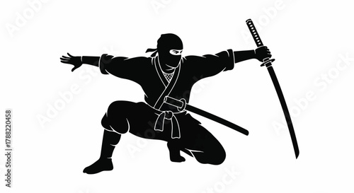 Black silhouette vector illustration of a crouching ninja warrior holding a sharp katana sword, isolated on a clean white background, representing Japanese martial arts and stealth.