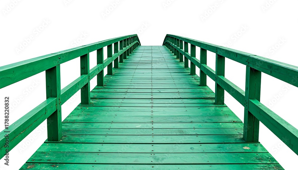Obraz premium Wooden walkway with green railings leads forward against a white background.