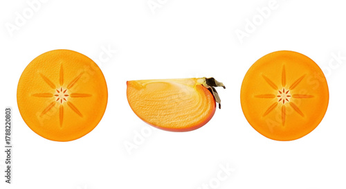 Fresh Persimmon Slices Isolated on Black Background Detailed Macro Shot of Vibrant Orange on transparent background