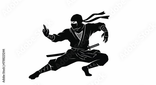A dramatic black silhouette vector illustration of a mysterious ninja warrior standing in an aggressive fighting stance on an isolated white background, emphasizing stealth and skill.