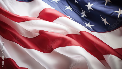 USA flag background. Waving American flag in sunlight flare, close up