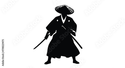 Black flat 2D vector illustration of a dramatic ronin silhouette standing in a traditional Japanese outfit, isolated against a pure white background, capturing historical warrior solitude.