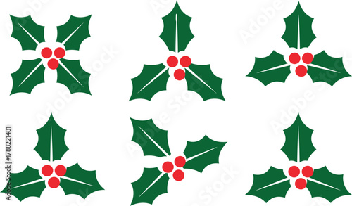 A collection of festive holly leaf and berry icons for Christmas design