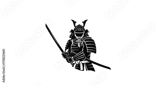 Black silhouette vector illustration of a traditional Japanese samurai warrior in full armor, presented as a minimalist flat logo icon on a clean white background.