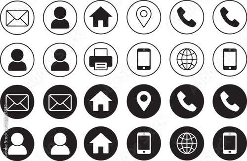 Essential business and contact symbols in a minimalist black and white style set