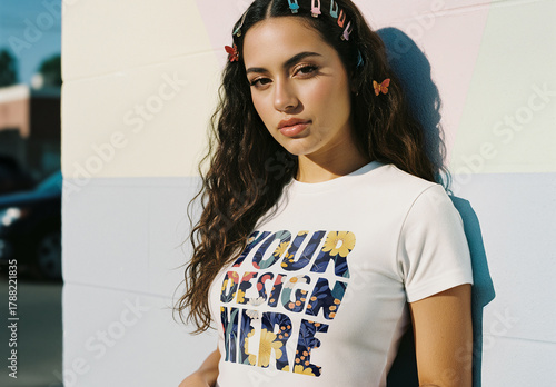 Modern T-Shirt Mockup Featuring Female Model Against a Minimal Wall Background