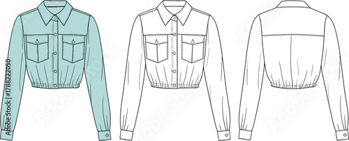 Cropped shirt fashion sketch, button-up design, long sleeve blouse, chest pockets, gathered waist, technical drawing, apparel illustration, garment construction