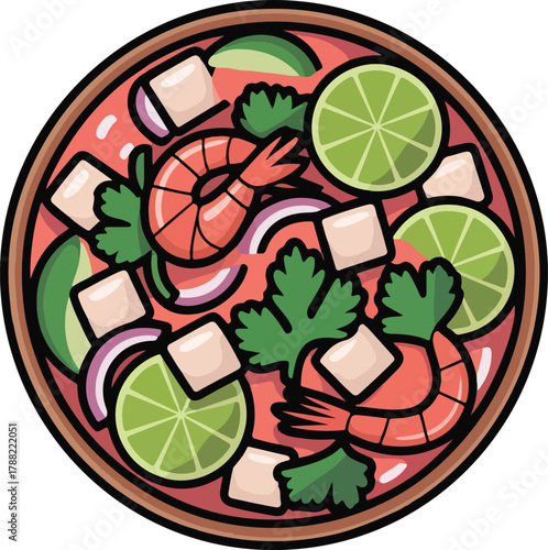 Fried shrimp food platter illustration with cilantro, onion, lemon, and tofu cubes