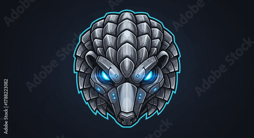 A robotic head mascot with blue eyes and metallic scales on a dark background with neon outline.