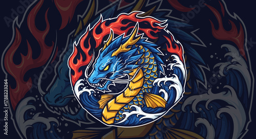 A vibrant illustration of a dragon head mascot with flames and waves on a dark background, featuring a mix of blue, red, and yellow colors in a stylized graphic design.