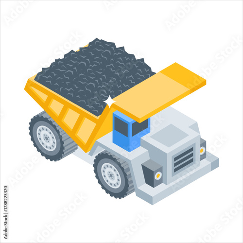 Industrial dump truck carrying coal, representing traditional energy extraction.