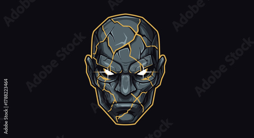 Digital illustration of a head mascot with a cracked gray skin and yellow outlines on a black background.