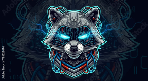 A digital illustration of a raccoon's head mascot with glowing blue eyes and a futuristic design on its face against a dark background with neon accents.