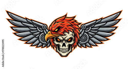 A graphic head mascot featuring a skull with a red bird's hair and wings, set against a clean white background with a bold and edgy design.