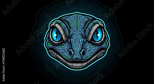 A digital illustration of a blue lizard head mascot with glowing blue eyes and a smile on a dark background with neon outline.