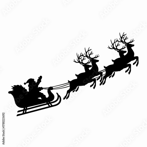 Santa's Flight: Classic Reindeer Sleigh Silhouette on White Background