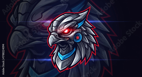 Digital illustration of a robotic eagle head mascot with glowing red eyes and metallic feathers on a dark background with neon accents.