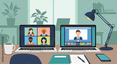 Two laptops displaying video conference calls with diverse professionals working remotely from a home office setting