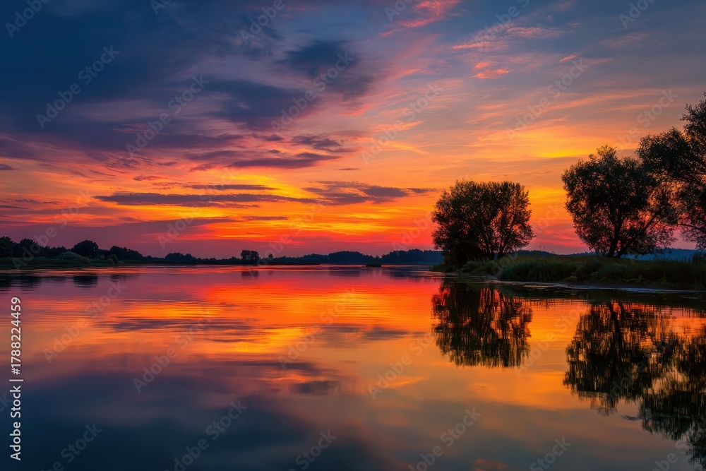 Obraz premium Serene sunset landscape with vibrant sky colors reflecting in calm river and silhouetted trees creating a tranquil outdoor scene for relaxation and peace enthusiasts
