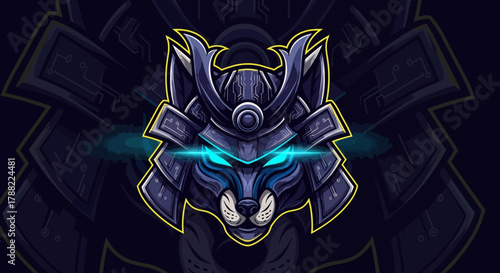 Digital illustration of a robotic wolf head mascot with glowing blue eyes and metallic armor on a dark background with a futuristic feel.