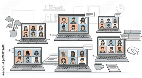 Diverse group of people participating in multiple online video conference calls simultaneously on laptops in a modern office setting