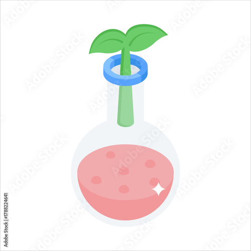 Laboratory flask with plant symbolizing renewable bio energy research.