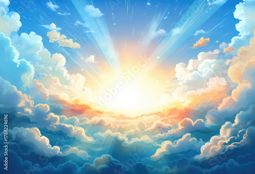 Beautiful Blue Sky and White Cloud Background, Bright Sunny Summer Nature Landscape with Colorful Clouds, Light and Airy Cartoon Illustration for Wallpaper, Banner, Social Media and Advertising
