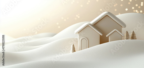 Cozy winter landscape minimal house snowy hill warm light soft focus festive scene serene mood cream color holiday decor peaceful nature blend into calm snowy valley with tiny trees and gentle