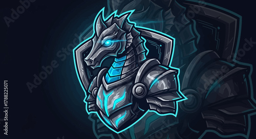 A futuristic dragon head mascot with glowing blue accents and metallic armor on a dark background with neon outlines.