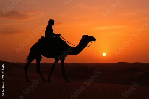 A silhouette of a person riding a camel in the desert at sunset, capturing the essence of traditional desert travel and serene landscapes