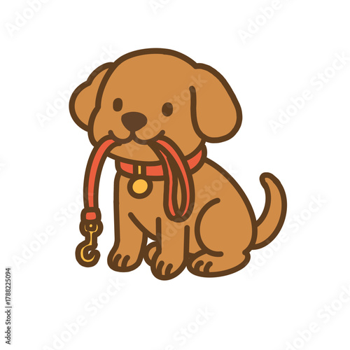 Cute kawaii dog holding leash in mouth cartoon vector illustration on white background