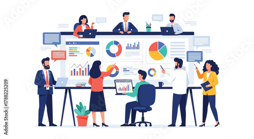 Diverse team of professionals collaborating on business strategy and data analysis with charts and graphs displayed on screen