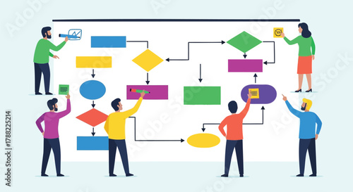 Diverse team collaborates to design and build a complex flowchart on a large whiteboard illustrating teamwork and planning