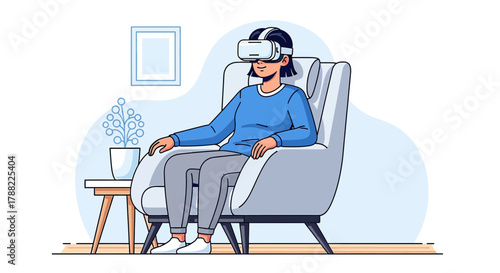Woman experiencing virtual reality sitting comfortably in a chair at home with modern art style