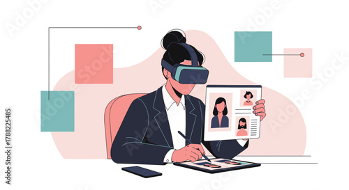 Woman in VR headset working on a design project with user interface in virtual reality environment