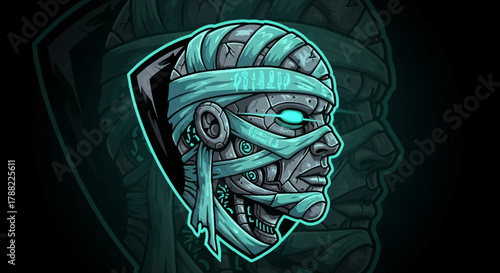 A futuristic robotic head mascot with glowing blue lines and metallic details against a dark background with subtle gradient effects.