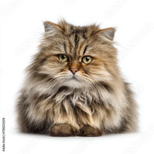 Persian cat with long brown fur and green eyes resting