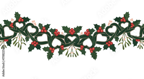 A festive garland of green holly and mistletoe, adorned with bright red berries and elegant heart-shaped ribbons, perfect for winter holiday designs.