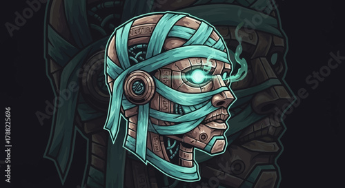 A digital illustration of a robotic head mascot with a metallic body and glowing blue eye, wrapped in turquoise wires and cables against a dark background with a futuristic and