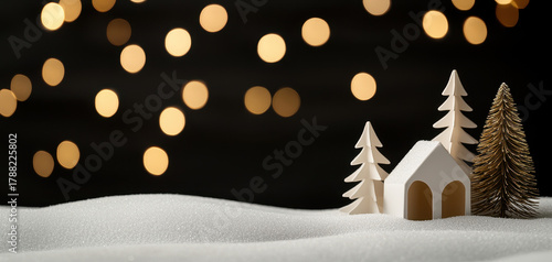 Snowy landscape winter wonderland festive holiday cozy cabin paper craft bokeh lights golden glow minimal design peaceful scene serene mood grace gentle snow field with tiny trees and small house