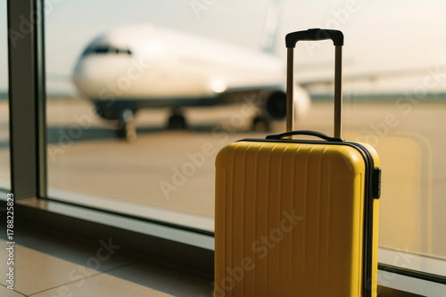 A vibrant yellow suitcase placed in front of a window with a blurred airplane in the background, symbolizing the start of a travel journey and anticipation of adventure