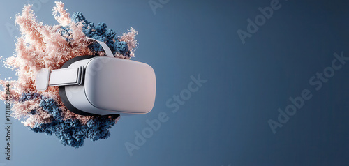 Virtual reality headset immersive technology device gadget modern minimal blue gray soft light floating abstract splash dust cloud motion dynamic futuristic concept digital innovation
